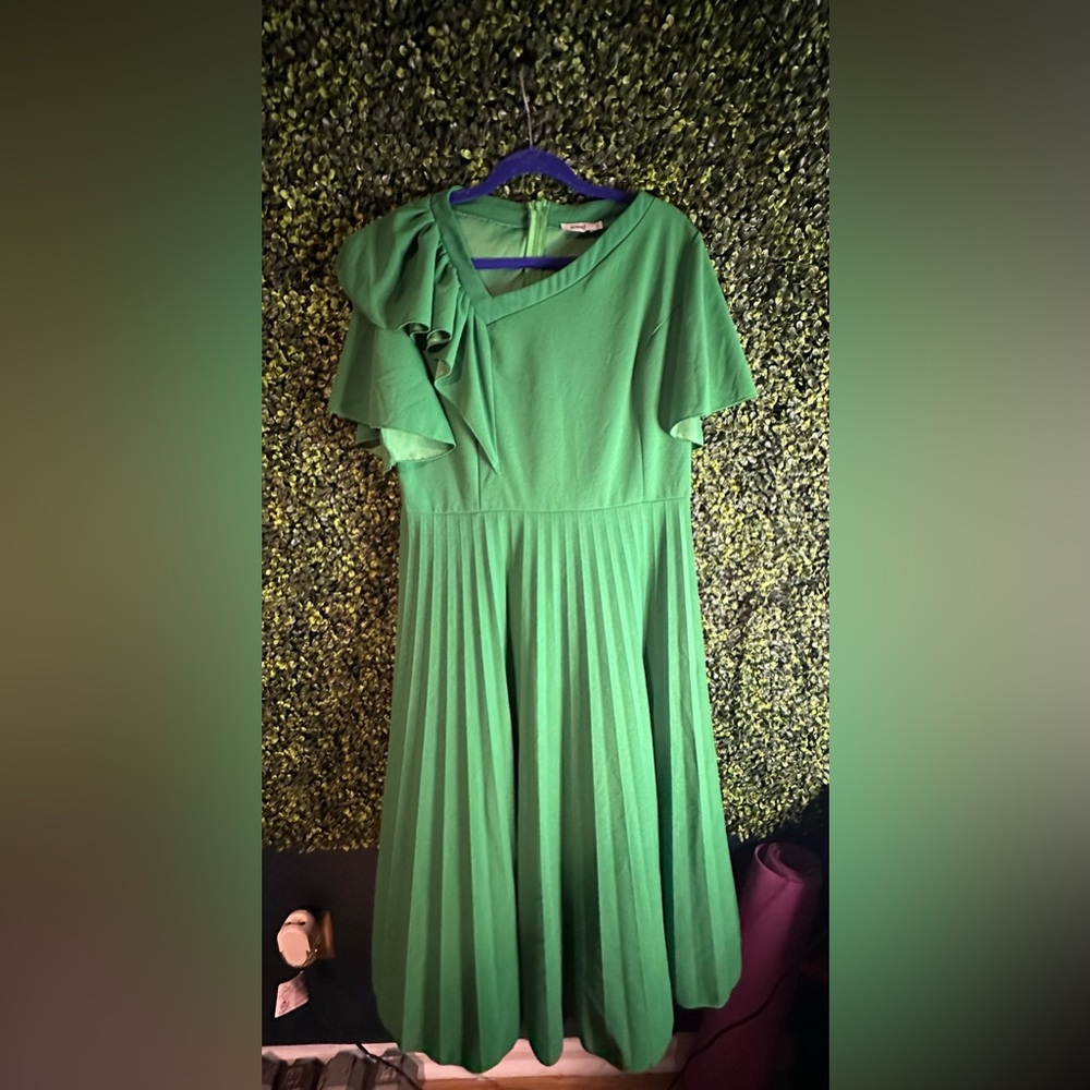 Short Sleeve Asymmetrical Ruffles High Waist Pleated Hem Midi Dress